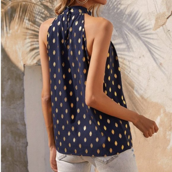 Gold Leaf Print Pleated Top Blue - Picture 4 of 6